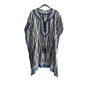 NWT Spartina 449 Kaftan Cover Up Blue White Linen Blend Embroidered OS New